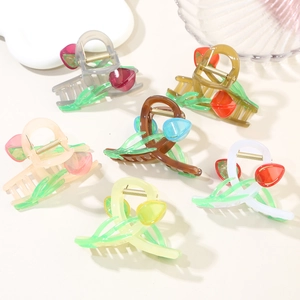 Detailed set of 6 resin tulip hair claws in various colors on a soft beige background