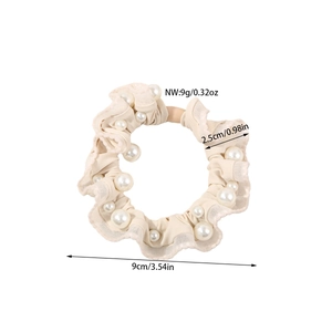 Elegant off-white lace scrunchie with faux pearls and pleated mesh fabric details