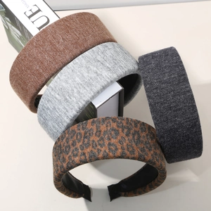 Four colors of thick wool wide headbands featuring brown, grey, and leopard print set