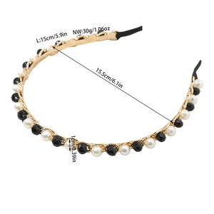 Elegant gold chain headband with white pearls and black beads for women, fashion hair accessory