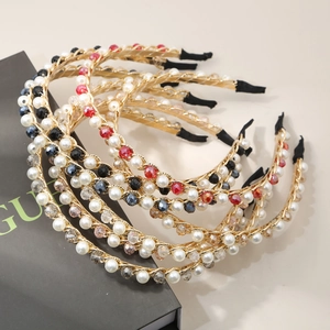 Elegant Korean style crystal and pearl headband set with gold chain and vintage accents