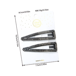 Set of two black rhinestone snap hair clips with alloy base and size measurement details