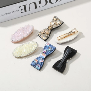Colorful crystal oval hair clip and bowknot set for girls with sparkling rhinestones