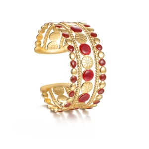 Bracciale rigido dorato vintage con fiori in smalto rosso e design traforato