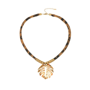 Retro-Halskette mit Leopardenmuster, goldenem Monstera-Blatt-Anhänger und Perlen für Damen