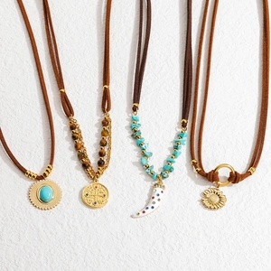 Boho Stainless Steel Pendant Necklace Vintage Multi-Element Sunflower Round Coin Red Gemstone Rhinestone Necklaces For Women Jewelry