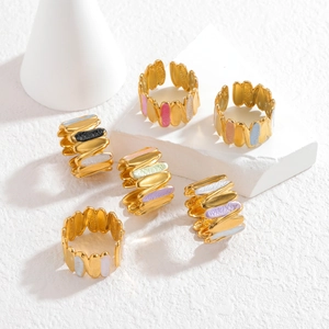 Trendy Colorful Enamel Stainless Steel Open Ring For Women Adjustable Irregular Wave Design Artistic Band Fashion Jewelry