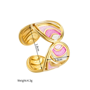 Detailed size view of golden ripple open ring with pink enamel measuring 1.8cm
