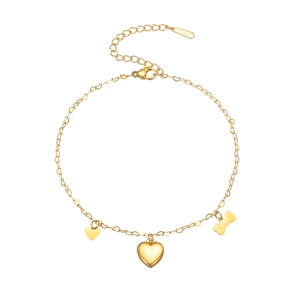 Bracelet en acier inoxydable doré avec maillons en cœur et breloques en forme de cœur et d'os