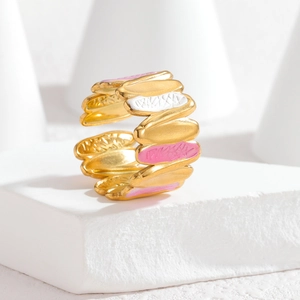Irregular golden wavy ring with colorful enamel inlay in pink and white tones