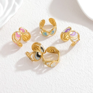 Luxury Stainless Steel Adjustable Open Ring For Women Enamel Water Ripple Hollow Design Wave Band Fashion Artistic Jewelry