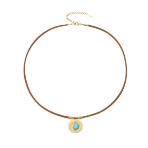 Tiger eye and leather necklace with golden pendant and blue stone on white background