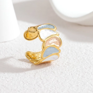 Golden multi-layer enamel adjustable open ring with white and blue feather petal design