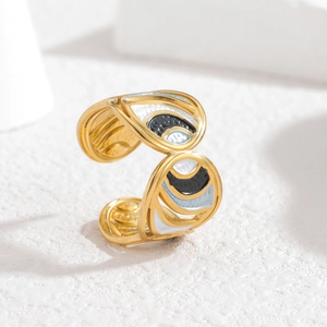 Minimalist gold stainless steel open ring with artistic wavy enamel patterns