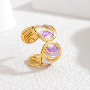 Adjustable gold butterfly wing ring with purple enamel wave texture and hollow design