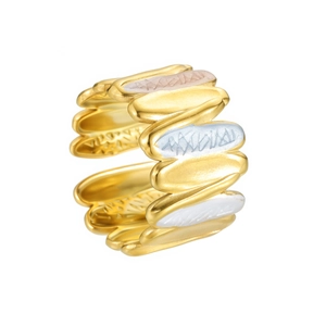 Three-tone adjustable open ring with irregular pebble shapes in gold, silver, and rose gold