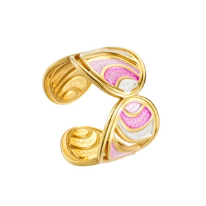 Adjustable golden stainless steel open ring with pink and white enamel wavy design