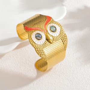 Golden owl wide open cuff bracelet with enamel details and colorful shell eyes