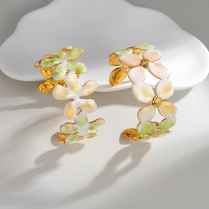 Elegant gold flower enamel open cuff bracelet with vintage colorful floral patterns