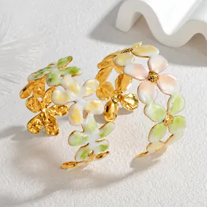 Vintage Enamel Flower Open Cuff Bracelet Stainless Steel Floral Adjustable Bangle Fashion Elegant Jewelry For Women