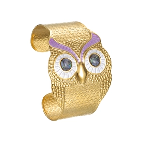 Golden owl cuff bracelet in stainless steel with colorful shell eyes and enamel accents