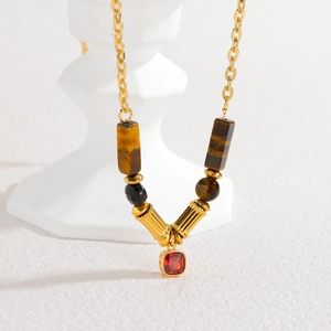 Tiger eye beaded necklace with gold metal chain and vintage red square gemstone pendant