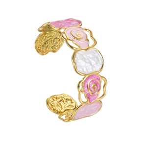 Retro open bangle featuring hollow enamel roses and golden wave textured metal finish
