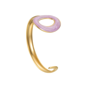 Fashionable gold open bangle with oval purple marble enamel inlay and minimalist design