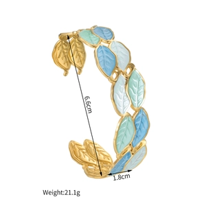 Detail view of colorful leaf enamel bangle showing dimensions 6.6cm and weight 21.1g