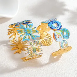 Bracelet Jonc Ouvert de Luxe en Acier Inoxydable et Émail Pour Femme Design Floral Géométrique Bijoux Plaqués Or