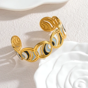 Luxurious gold enamel open bangle featuring hollow geometric circles and tricolor finish