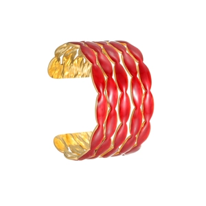 Hollow wide red enamel cuff bracelet in stainless steel with wave texture design