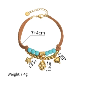 Detail view of leather cord bracelet with star and heart charms, 7+4cm length and 7.4g weight