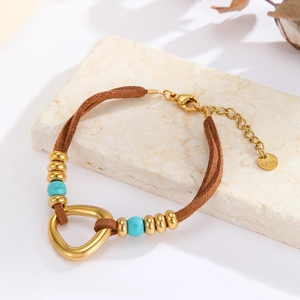 Bohemian brown leather cord bracelet with stainless steel beads and turquoise accents
