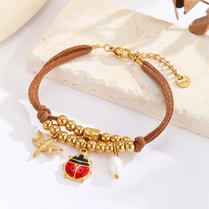 Leather cord bracelet with stainless steel dragonfly, ladybug and pearl charms