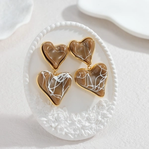 Vintage layered heart resin earrings with marble texture and gold metallic trim