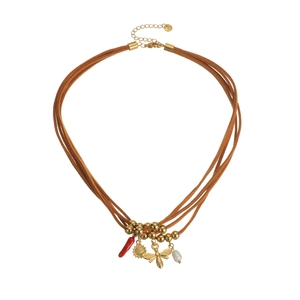 Collier multicouche en cordon de cuir avec pendentifs abeille soleil dorés et piment