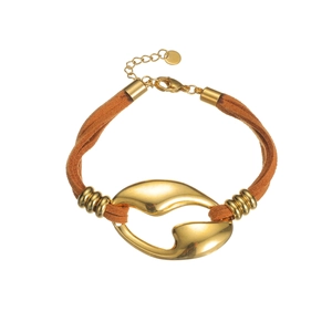 Bracelet rétro en métal doré géométrique irrégulier et cuir marron avec chaîne réglable