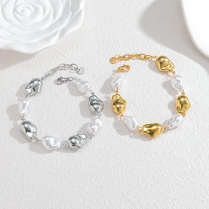 Baroque pearl and irregular metallic bead bracelets in gold and silver stainless steel