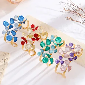 Elegant floral enamel cuff bracelet with crystal inlay and gold plating in four colors