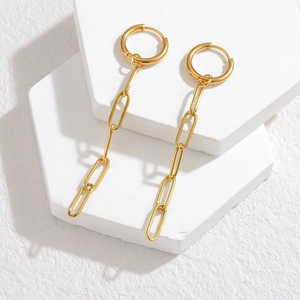 Polished 18K gold-plated stainless steel paperclip chain tassel earrings for women