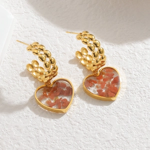 Orecchini vintage a cuore in oro con design a perline a C e pietre marrone-rosso