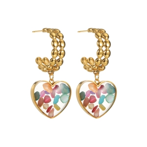 Orecchini a cuore vintage color oro con pietre colorate tritate in ciondoli trasparenti