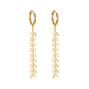 Elegant 18k gold plated stainless steel hoop earrings with wheat tassel leaf drops