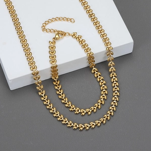 Golden wheat leaf stainless steel necklace and bracelet set with adjustable chain