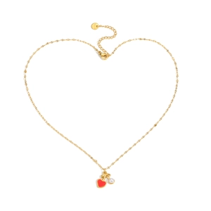 Elegant gold cherry pendant necklace with red heart and pearl on a white background