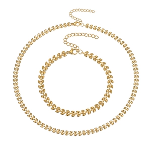 Elegant gold wheat leaf stainless steel necklace and bracelet set for women