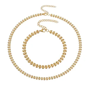 French Vintage Stainless Steel Wheat Ear Leaf Chain Necklace And Bracelet For Women Light Luxury Gold Plated Fashion Jewelry