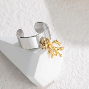 Bague océan en acier titane avec breloque corail doré et pendentif en zircon brillant