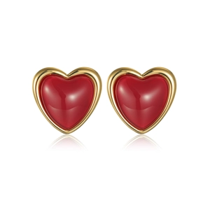 Elegant vintage red heart stud earrings with a gold metal frame on a white background